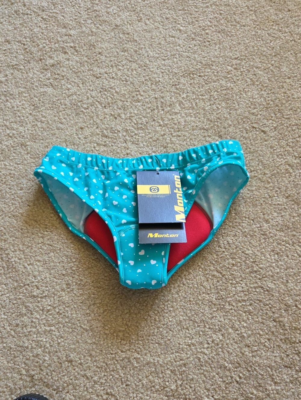 MONTON Padded Cycling Underwear Bike Shorts Turquoise Heart Print Sz S/M NEW